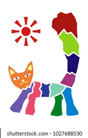 Cat and sun. Rainbow colors. Graphic picture, positive drawing.  