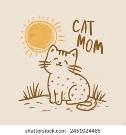 cat and sun with the text "cat mom", vector illustration