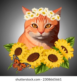 Cat and sunflowers in illustration.Vector illustration with sunflowers and red cat on a gray background.