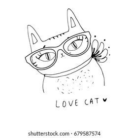 Cat in sunglasses with a bow ,cute cat, hand drawn graphic, animal illustration,coloring book for children
 