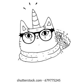 Cat in sunglasses with a bow ,cute cat, hand drawn graphic, animal illustration,coloring book for children 