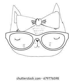  Cat in sunglasses with a bow ,vector for kid print design,coloring book for children
