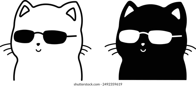 Cat with sunglasses cartoon character cute kitten Isolated black and white