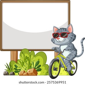 Cat with sunglasses cycling near a blank sign