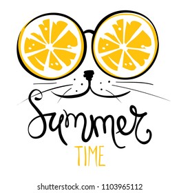 Cat in sunglasses / Funny summer hand drawing calligraphy, vector illustration