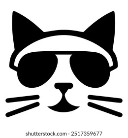 Cat with sunglasses icon, Black silhouette on white background.