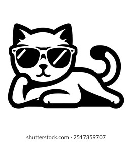 Gato con icono de gafas de sol, silueta negra sobre fondo blanco.