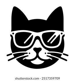 Cat with sunglasses icon, Black silhouette on white background.