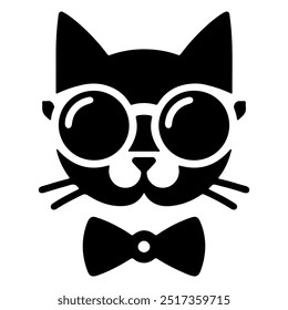 Cat with sunglasses icon, Black silhouette on white background.