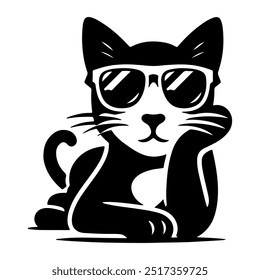 Cat with sunglasses icon, Black silhouette on white background.