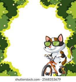 Cat with sunglasses riding a bike in greenery