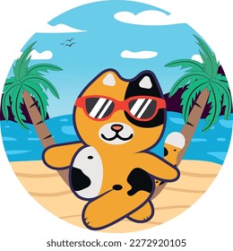 Cat in sunglasses summer vacation view from above, top view of the beach, summer holidays.Animal Holiday Icon Concept Isolated Premium Vector.