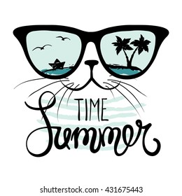 Cat in sunglasses/Funny summer hand drawing calligraphy  vector illustration