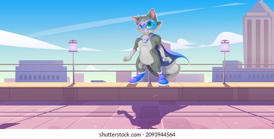 Cat superhero with cape and mask on terrace on rooftop. Vector cartoon illustration of house patio on roof or balcony with city view, fence and cute pet in super hero costume