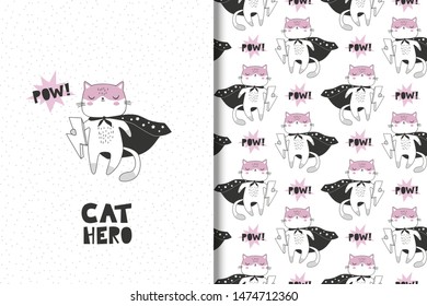 Cat superhero cartoon character in cloak and lightning in hand. Kids Card and seamless background pattern. Hand drawn shirt print design vector illustration.