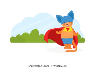 Cat Superhero Character in Mask and Red Cape Cartoon Vector Illustration