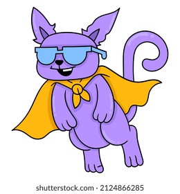 superhéroe gato vuela en el cielo, ilustración vectorial art. doodle imagen kawaii.