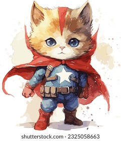 Cat in superman costume watercolor illustration