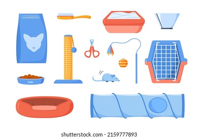 Suministros de gato y accesorios para mascotas domésticas. Comida para mascotas, poste de arañazos, inodoro, peine, tijeras, juguete de pluma, ratón, portadora, cono de cuello y cama. Productos para animales. Vector de diseño plano