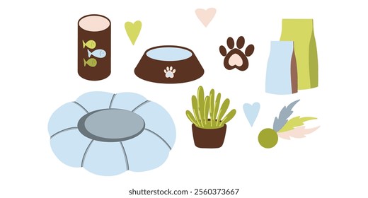 Cat supplies clip art, pet accessories, bed, food, toy, vector illustrations 