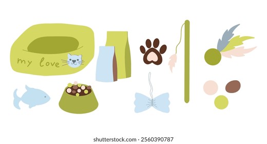 Cat supplies clip art, pet accessories clipart, bed, food, paw, toy. Green, blue, vector illustrations