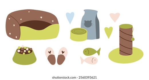 Cat supplies clip art, pet accessories clipart, bed, food, fish, slippers, scratching post. Green, blue, vector illustrations