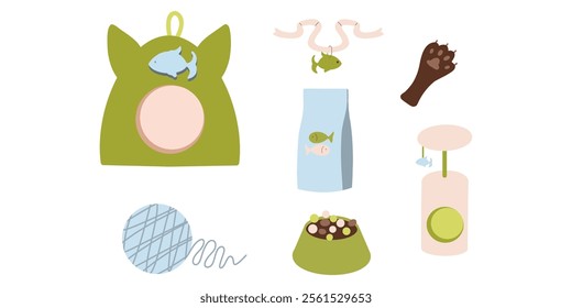 Cat supplies clip art, pet accessories clipart, bed, food, fish, paw, scratching post, skein of thread, fish collar. Green, blue, vector illustrations