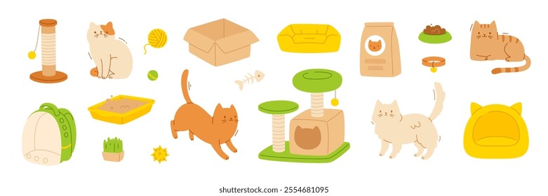 Cat and supplies flat collection. Vector cats and grooming accessories set. Cartoon kitten equipment bundle.