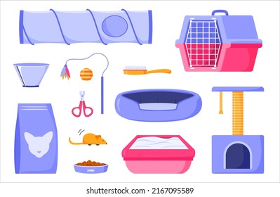 Suministros de gato para mascotas domésticas. Comida para mascotas, poste de arañazos, inodoro, peine, tijeras, juguete de pluma, ratón, portadora, cono de cuello y cama. Productos y accesorios para animales. Vector de diseño plano