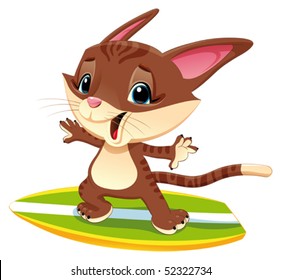 Cat with surf. Funny cartoon and vector illustration