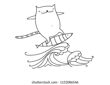 Cat surfer vector illustration. Surfing animal outline icon. Great for tshirt, sticker, card designs.