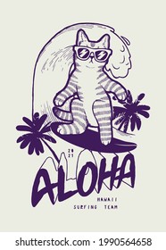 Cat surfing. Cute pet character wearing sunglasses surfing wave. Aloha palm tree summer sports typography t-shirt print vector illustration.