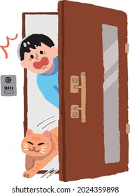 A cat and a surprised man running away from a gap in the front door