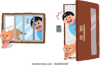 A cat and a surprised man running away from the gap between the window and the front door
