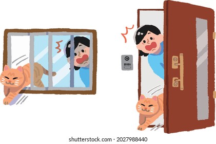 A cat and a surprised woman running away from the gap between the window and the front door