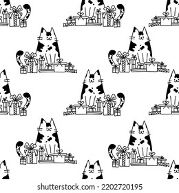 Сute cat surrounded by christmas gifts. Hand drawn vector illustration, banner or card isolated on white background. Seamless pattern