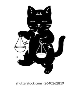 Cat surrounded by Libra zodiac sign symbol, representing balance and harmony, often associated with astrology, air element, and fairness