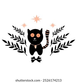 Cat surrounded by twigs and stars vector illustration, striped tail, tomcat on white background