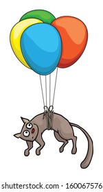 Cat suspended by balloons, vector illustration