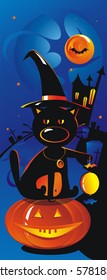 Cat with a sweet in a hat sitting on a pumpkin. Halloween cartoon .