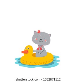 the cat is swimming in the inflatable circle