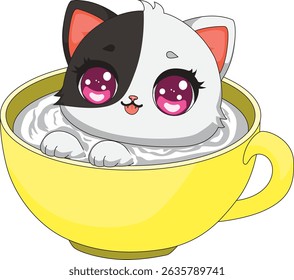 Cat Swimming In Mug With Milk Vector
