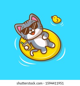 Cat Swimming On Beach Vector Icon Illustration. Cat And Swim Ring, Summer And Animal Icon Concept White Isolated. Flat Cartoon Style Suitable For Web Landing Page, Banner, Sticker, Background