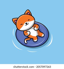 Ilustración del icono del vector de playa nadando en un gato. Anillo De Gato Y Natación, Aislado Blanco Concepto De Icono De Verano Y Animal. Estilo de caricatura plano adecuado para la página de aterrizaje web, pancarta, adhesivo, fondo