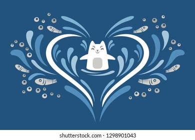 The cat is swimming in water that forms the shape of a heart on a blue background.