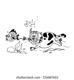The cat swims for fish