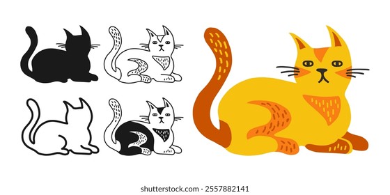 Cat symbol cartoon set. Abstract hand drawn comic kitten linear icon. Pet animal collection sign for infographic, website app. Simple sign doodle or silhouette funny cats. Vector isolated illustration