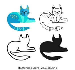 Cat symbol cartoon set. Abstract hand drawn comic kitten linear icon. Pet animal collection sign for card website app. Simple sign doodle or silhouette character cat. Vector isolated illustration art