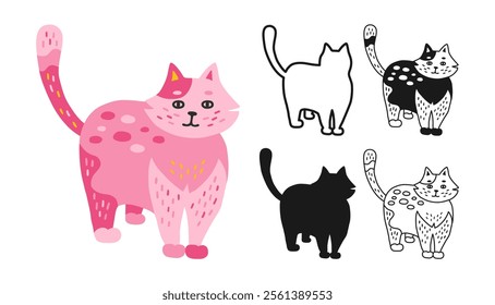 Cat symbol cartoon set. Abstract hand drawn comic kitten linear icon. Stylized pet animal emblem childish collection. Simple sign doodle or silhouette funny cats clipart. Vector isolated illustration