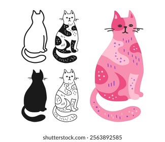 Cat symbol cartoon set. Abstract hand drawn comic kitten linear icon. Pet animal collection sign for card website app. Humorous sign doodle, silhouette character cat. Vector isolated illustration art